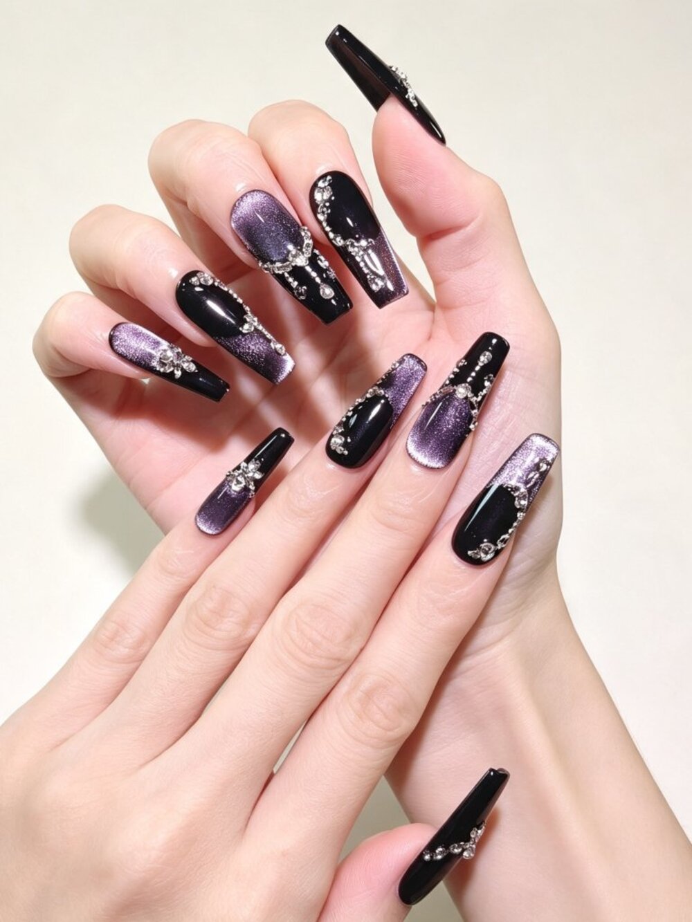 Purple & Black Cat Eye Handmade Press On Nails With Rhinestone Long Coffin